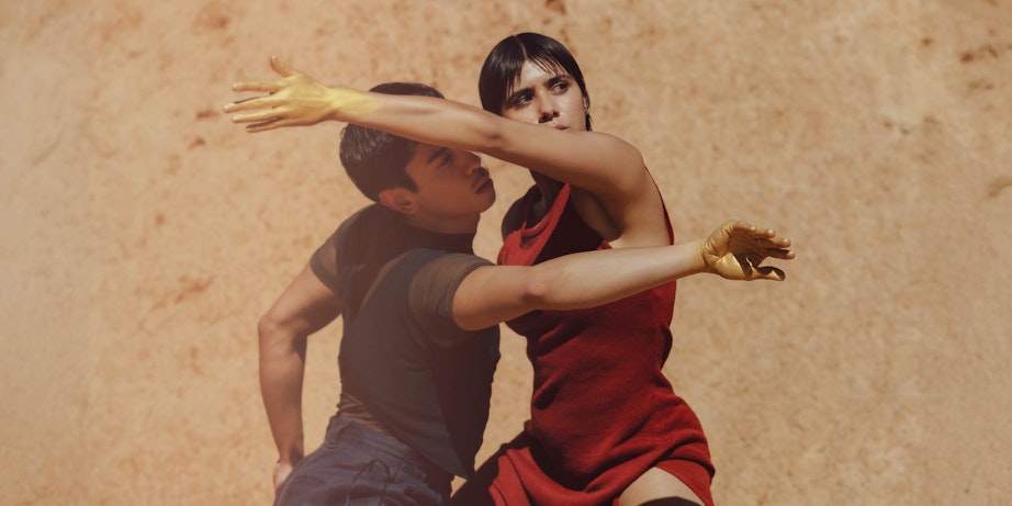 Two dancers pose dramatically against an earthy background.